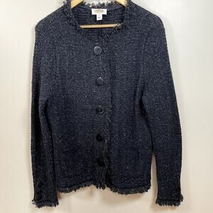 TALBOTS Womens LG Charcoal Wool/Alpaca Blend Button Front Fringe Cardigan Dark